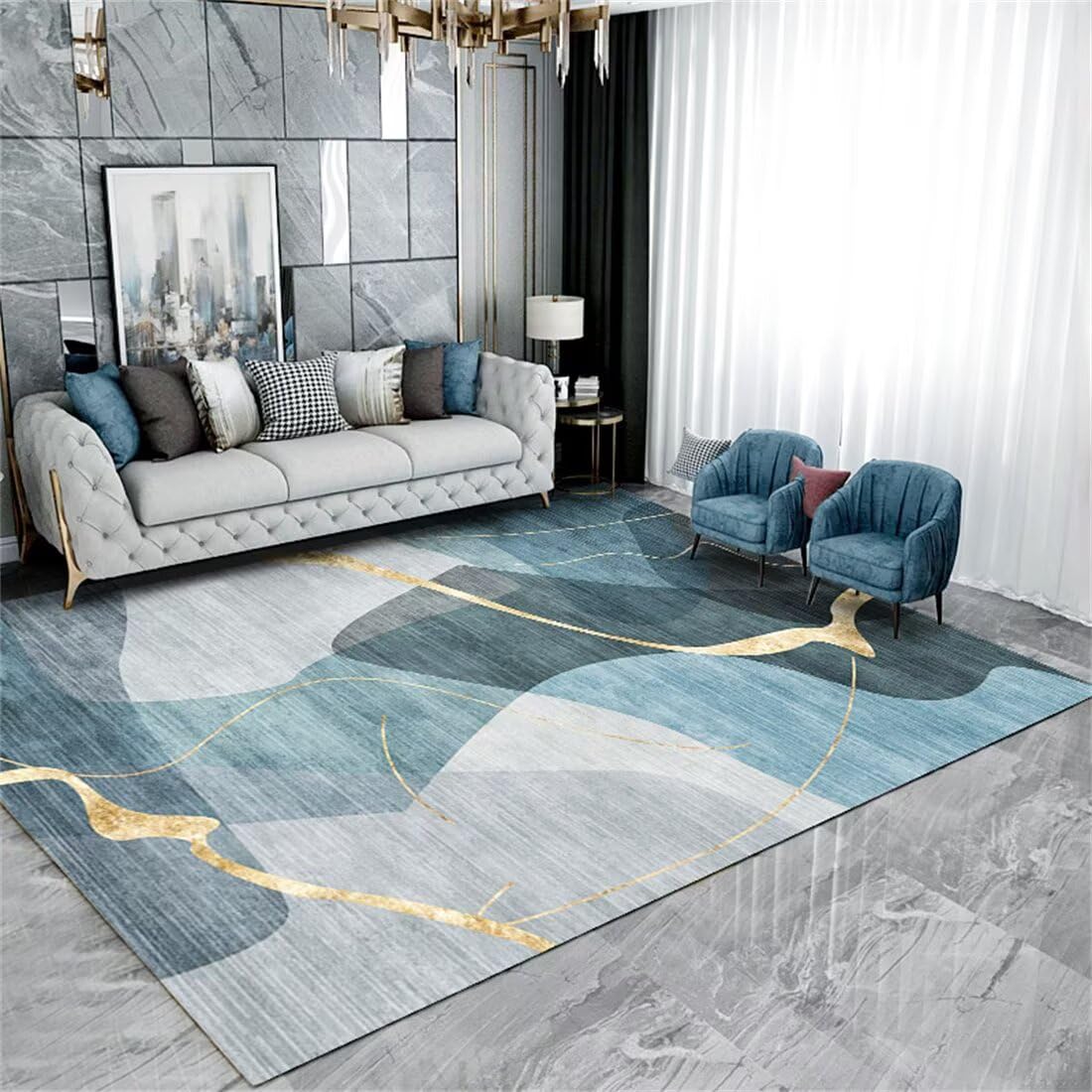 Tapis extérieur entrée 100x160 bleu gris au motif de rayures abstraites modernes
