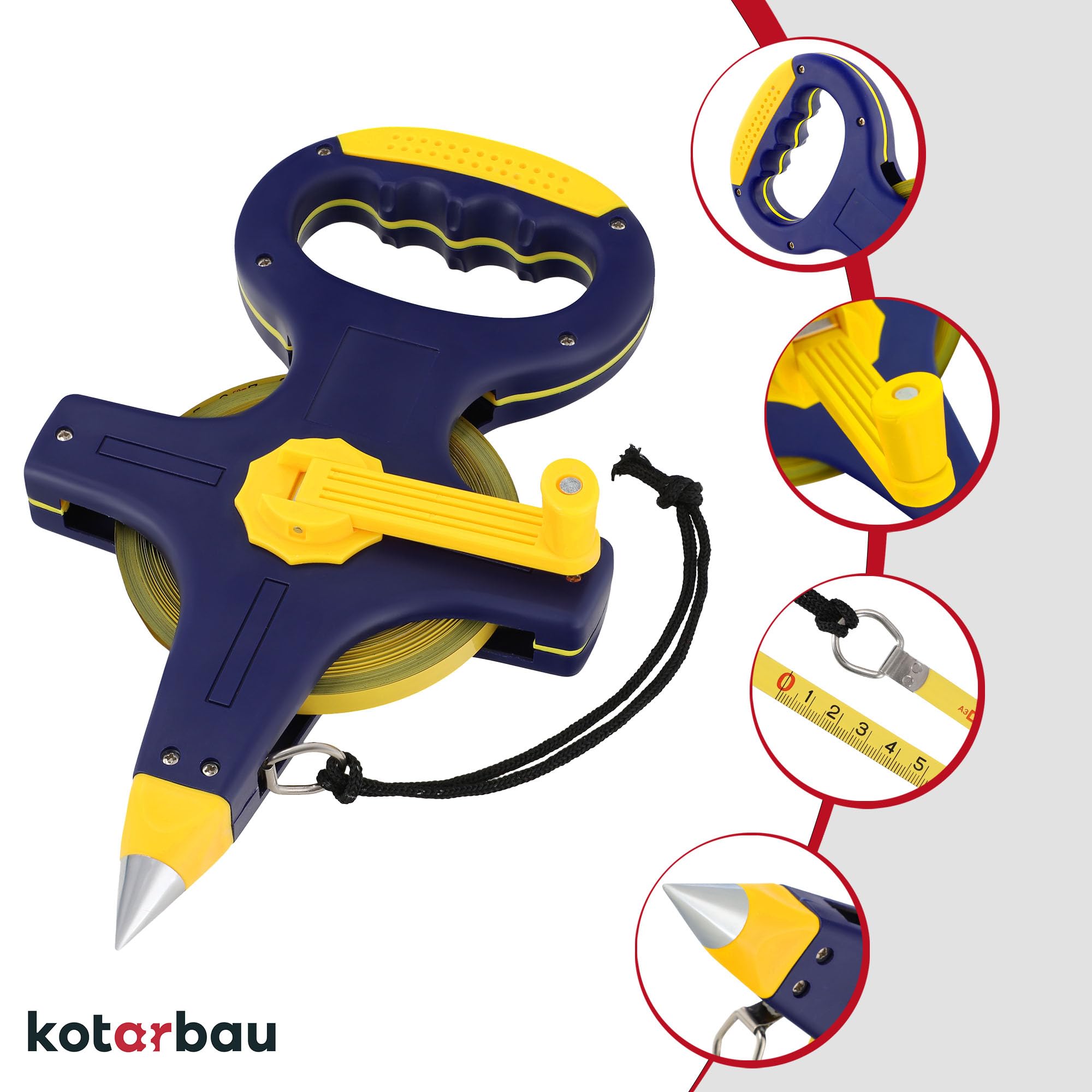 KOTARBAU® Cinta métrica de topografía 50m, Cinta de topógrafo, con punta afilada para clavar, Cinta métrico de acero, Metro de construcción, de largas distancias