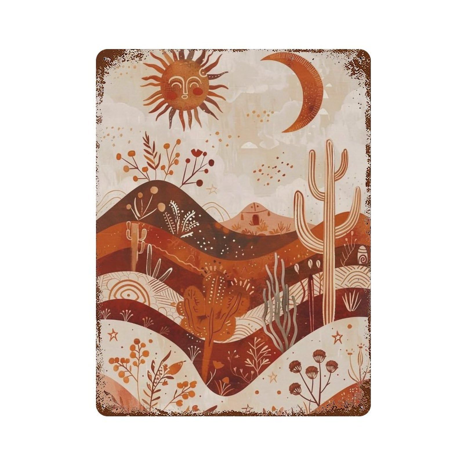 WIHYRTUI Earth Tone Folk Pattern Arid Mountain Cactus Motif 03 Wall Retro Iron Metal Tin Sign Vintage Art Poster Modern Home Cofffee Club Art Bar Shop Decor Style 40x30cm