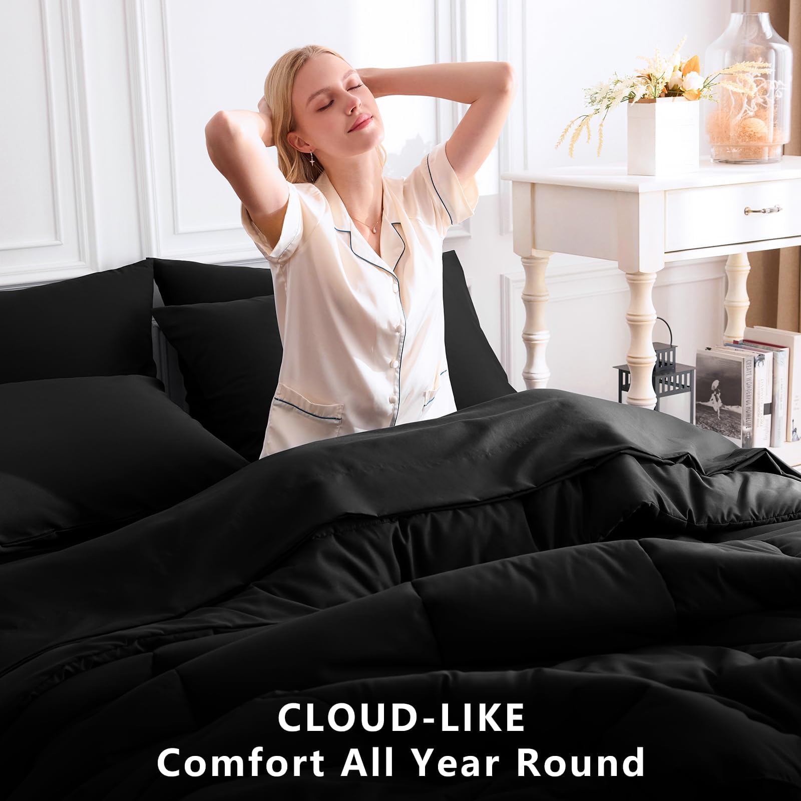 CozyLux California King Comforter Sets Black, 7 Pieces Cal King Bed in a Bag, All Season Bedding Sets with Stitch Quilted Comforter, Flat Sheet, Fitted Sheet, Pillowcases