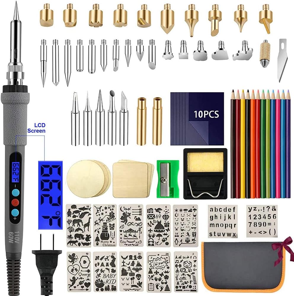 75Pcs Wood Burning Kit, Woodburning Tool with LCD Display, Adjustable Temperature, Soldering/Pyrography/Carving/Embossing Tips, Gray, Electric, Pencil Style