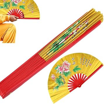 Fold Hand Fan Tai Chi Fan, Traditional Chinese Bamboo Fan Kung Fu Martial Arts Silk Fan Right Hand Wushu Dance Practice Training FanGold