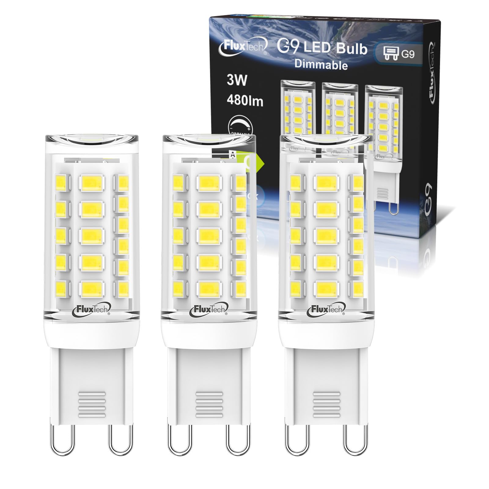 FluxTech G9 LED Light Bulbs Dimmable 3W, Cool White 6000K, Equivalent to 40W 50W Halogen Lamp, 480LM, CRI>85, No Flicker, AC 220-240V Energy Saving Bulb for Home Lighting Chandelier, 3 Pack