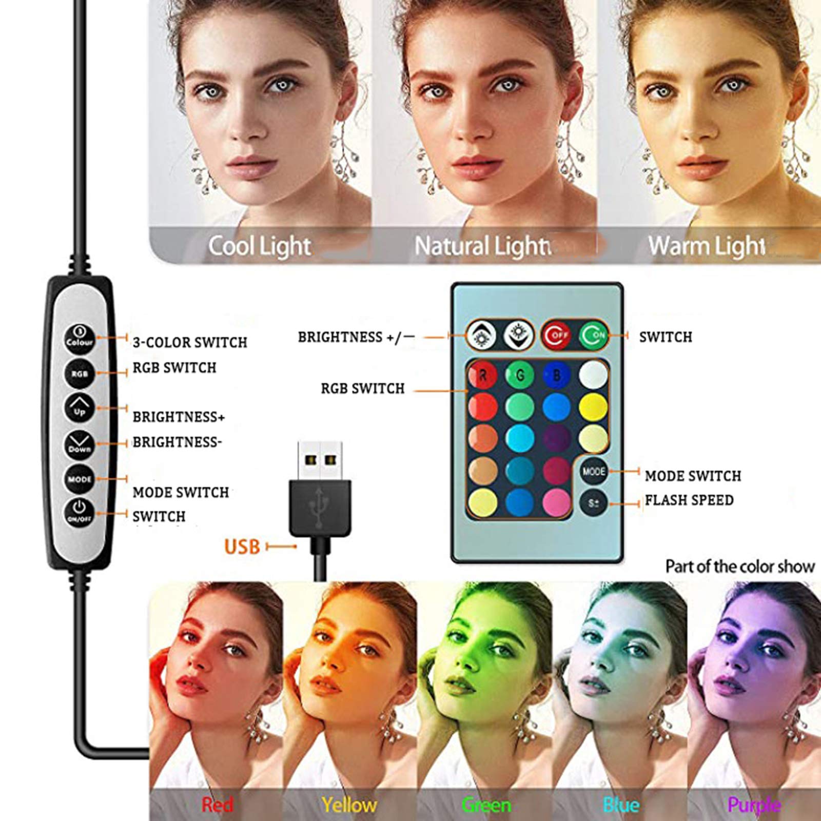 Luce ad Anello da 10", RGB Luce per Selfie con Telecomando Wireless, 3 modalità Colore RGB Colori Dimmerabile Regolabile per Youtube, Trucco, Fotografia, Streaming Live