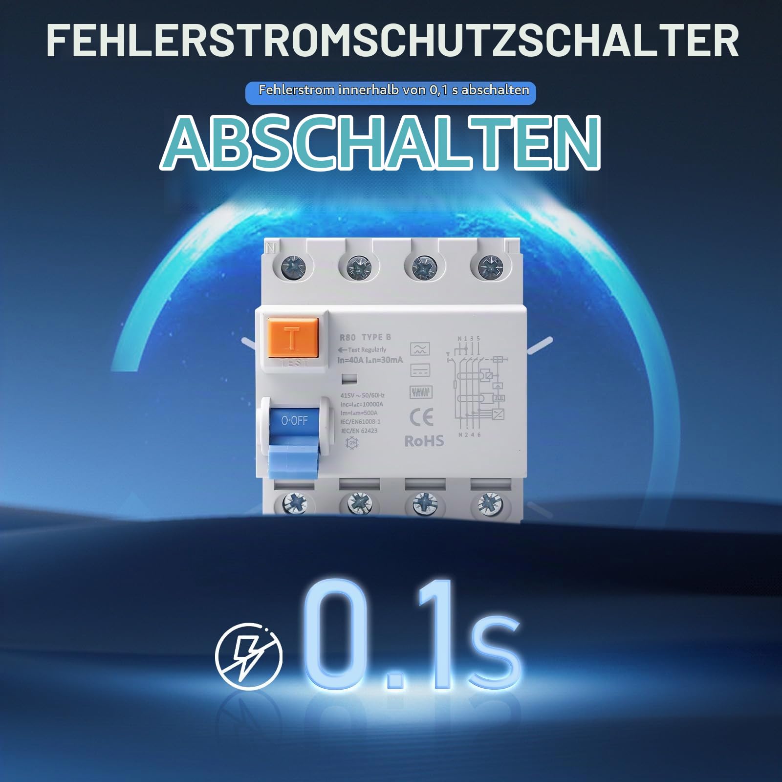 Fi Typ B, Fi Schutzschalter 4P Typ B 40A 30mA, Fi-Schalter Schutzklasse 4 Polig RCD, Fehlerstromschutzschalter DIN Hutschiene für elektrische Sicherheit und Stromwandleranwendungen
