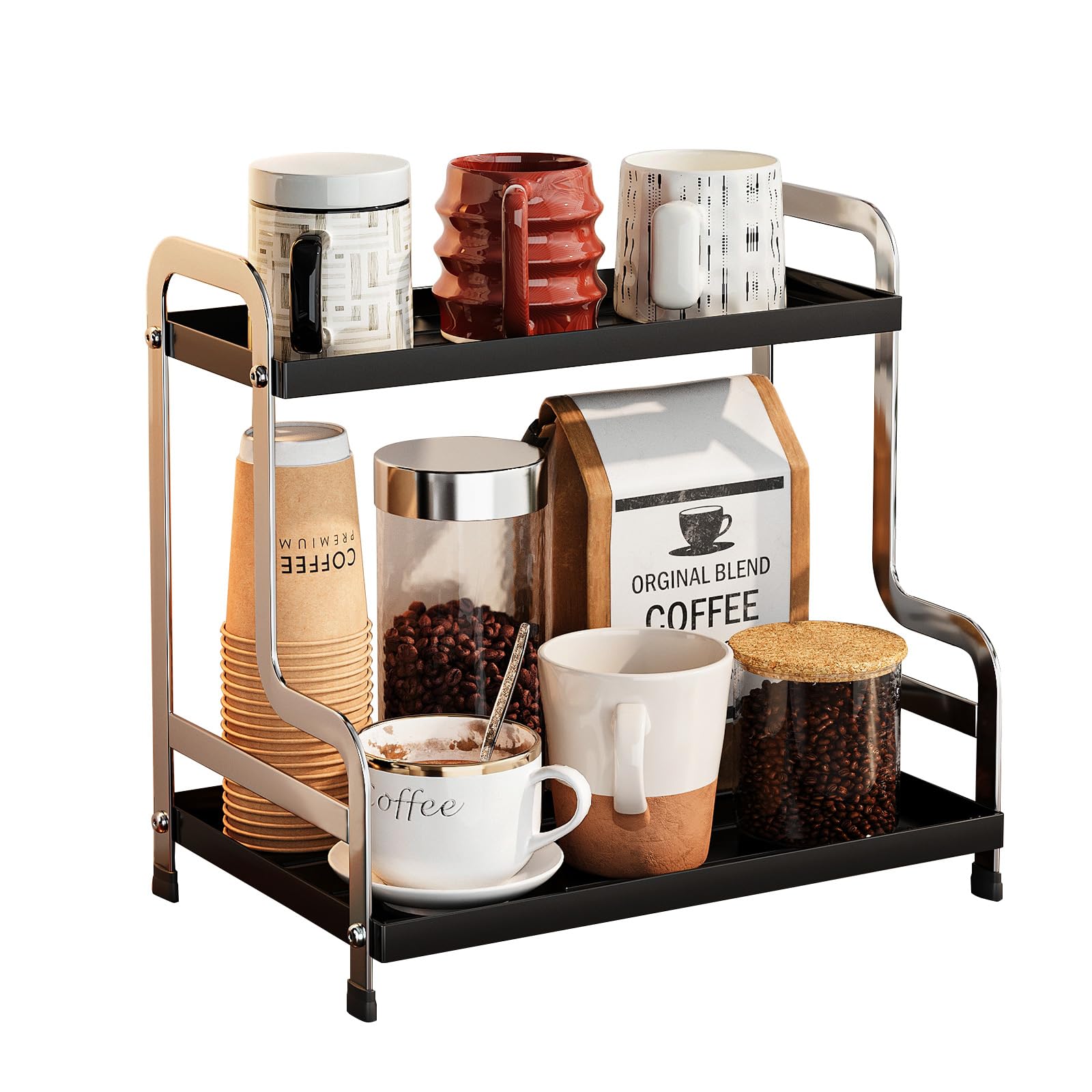 Funtabee® 2-Tier Metal Coffee Station Organiser – Stylish Coffee Bar Accessories & Condiment Storage Rack – Versatile Kitchen Counter, Bathroom & Toiletry Shelf (Black&Silver) — image 1