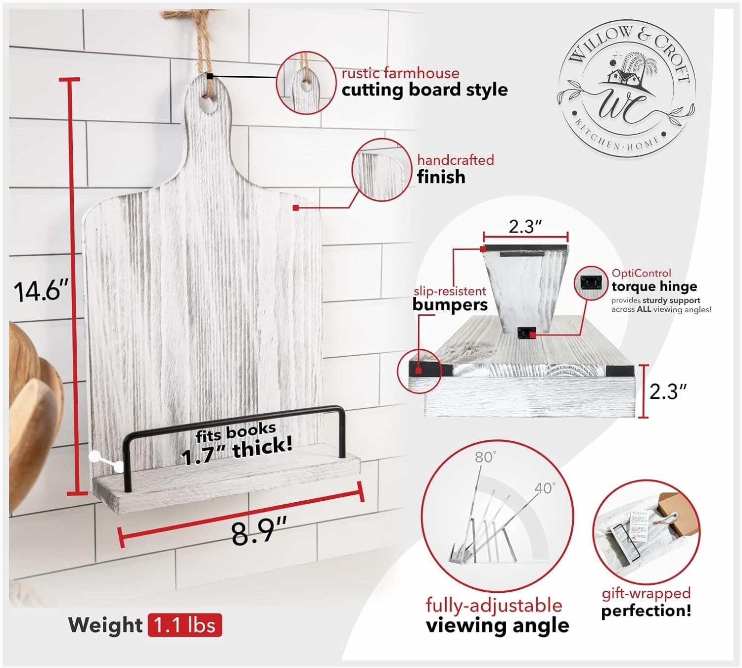 Willow & Croft Stojak na książki kucharskie premium, stojak na deskę do krojenia, uchwyt na książkę kucharską, stojak na książkę kucharską, postarzany stojak na książkę kucharską na blat kuchenny