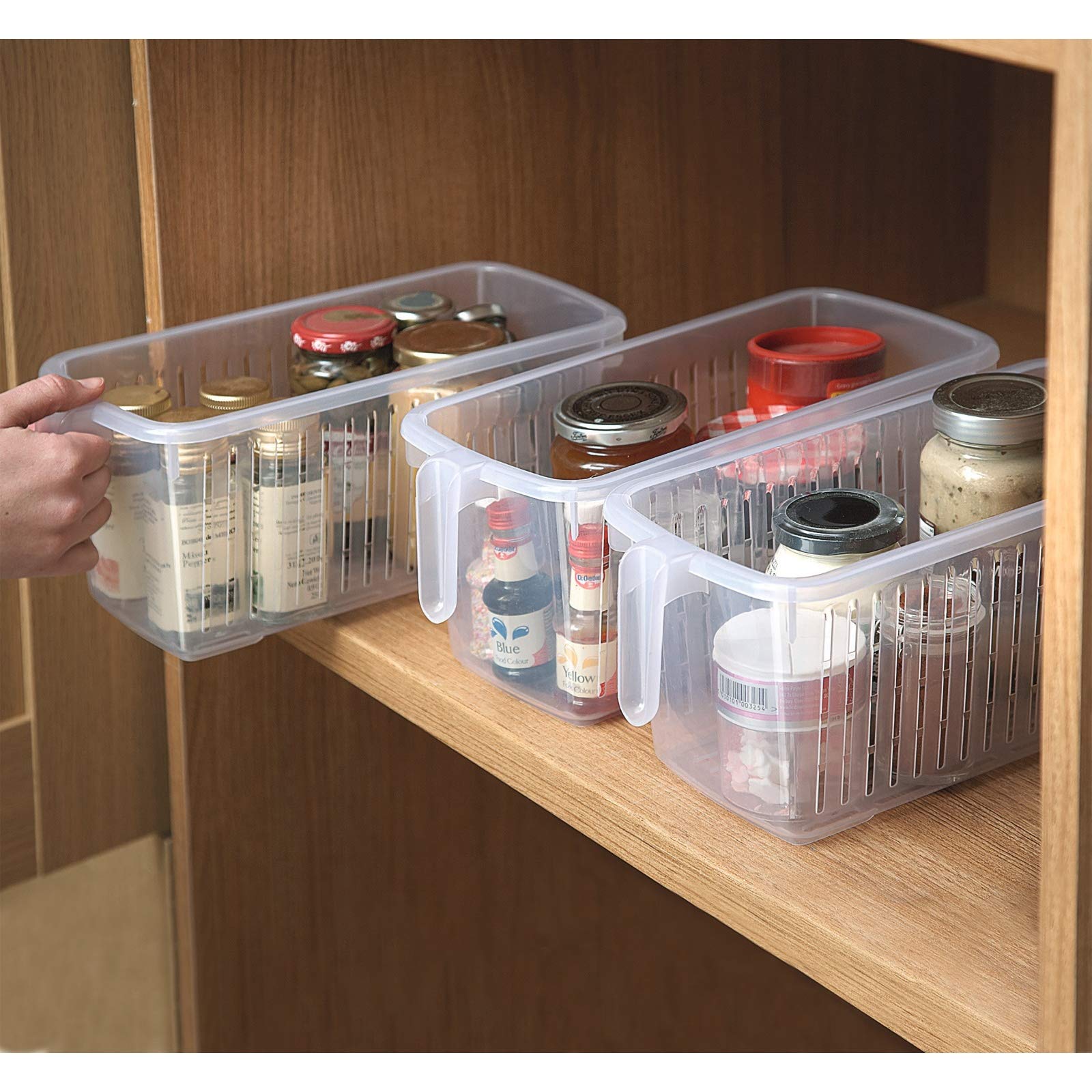 Burwells 3 Plastic Kitchen Cupboard Organisers Store Storage Containers Rack Shelves Shelving Boxes Handles