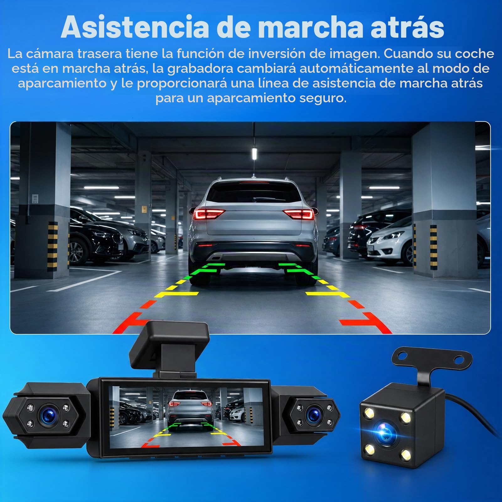 Cámara de Salpicadero 4 Canales 1080p Pantalla IPS 3,16 pulgadas 4 Cámaras para Visión Envolvente de 360° Grabación en Bucle Detección Movimiento Visión Nocturna Asistencia Marcha Atrás DVR para coche