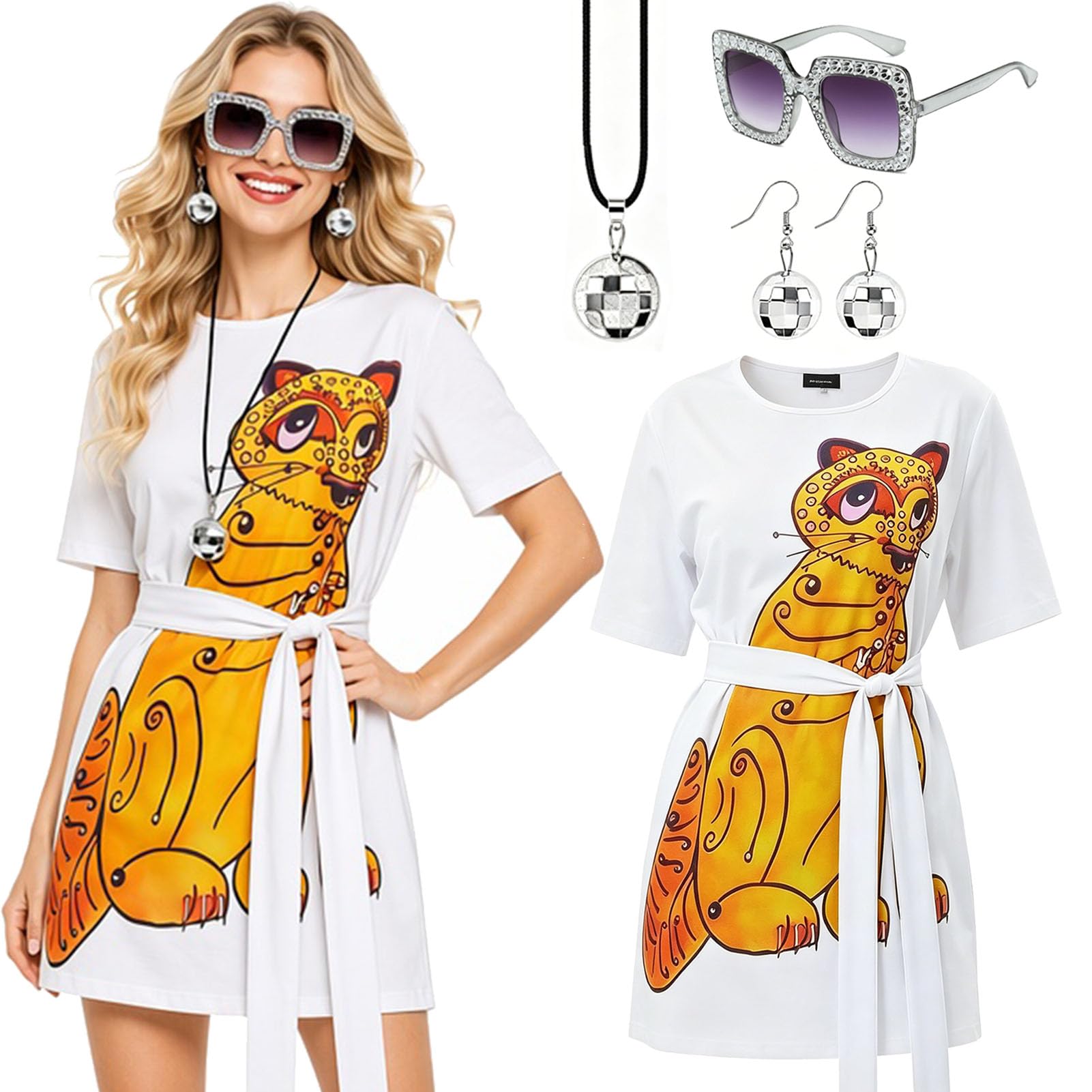 JRZYTX ABBA Costume for Women ABBA Outfits with 70s Vintage Dress Glasses Disco Ball Earrings Necklace for 70s Theme Party Music Festival Carnival (Glod, XL)