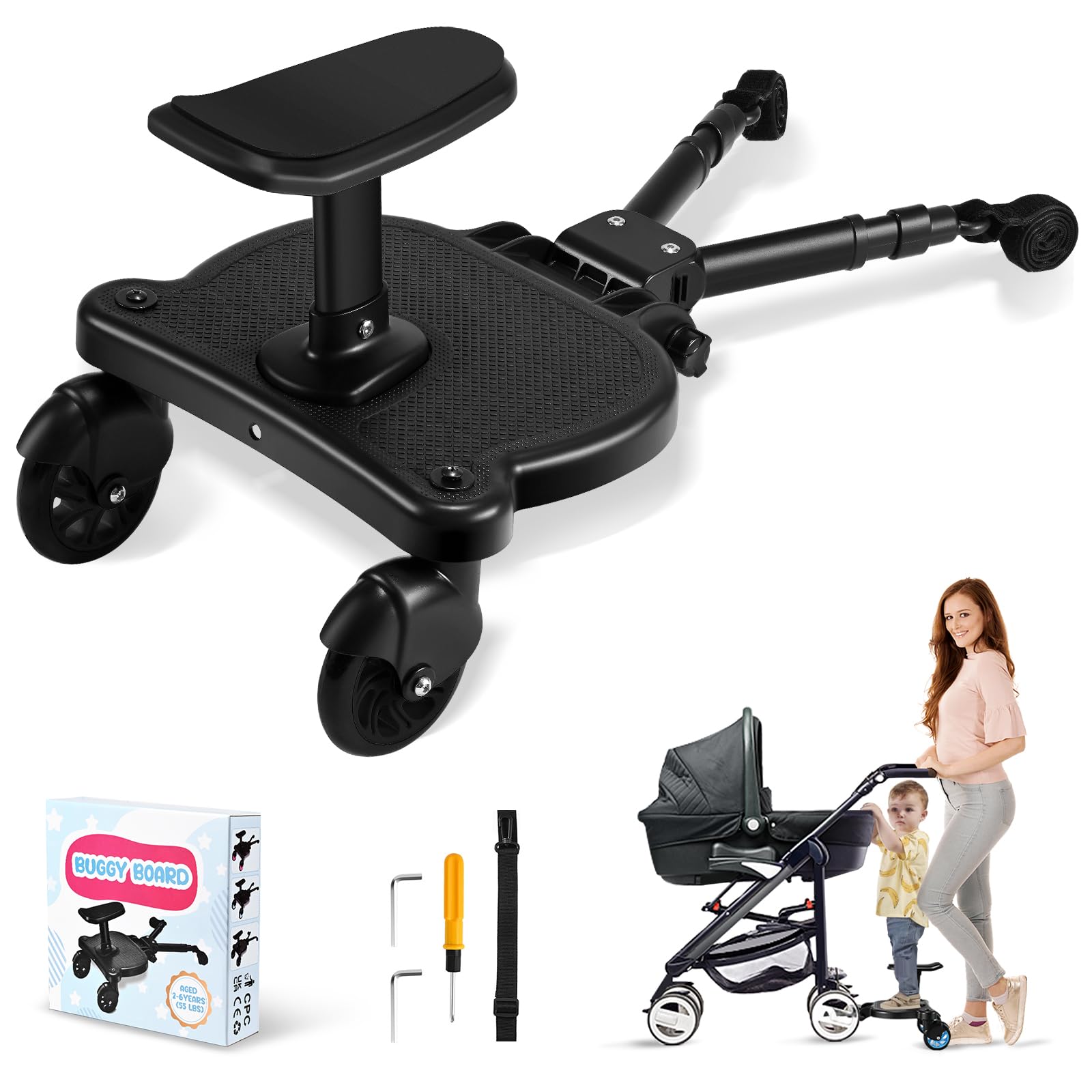 ENERHUB Universal Buggy Board with Seat, Pram Standing Board Compatible with Over 99% of Pushchairs, Kiddy Board with Detachable Seat for Children Aged 2-6 Years, Holds Up to 25kg, Black