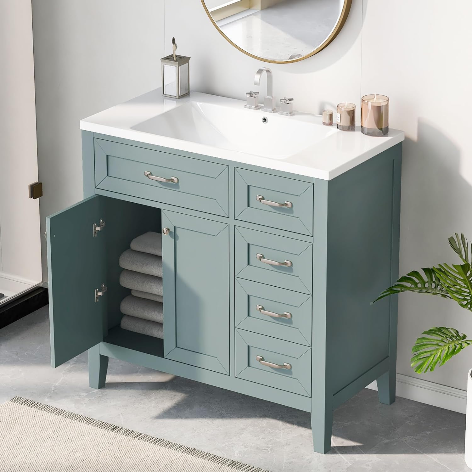 36" Bathroom Vanity with Smooth Ceramic Sink Combo and 3 Drawers,Multi-functional Water-proof Wooden Storage Cabinet,w/Metal Handle & Anti-toppling Device,Green