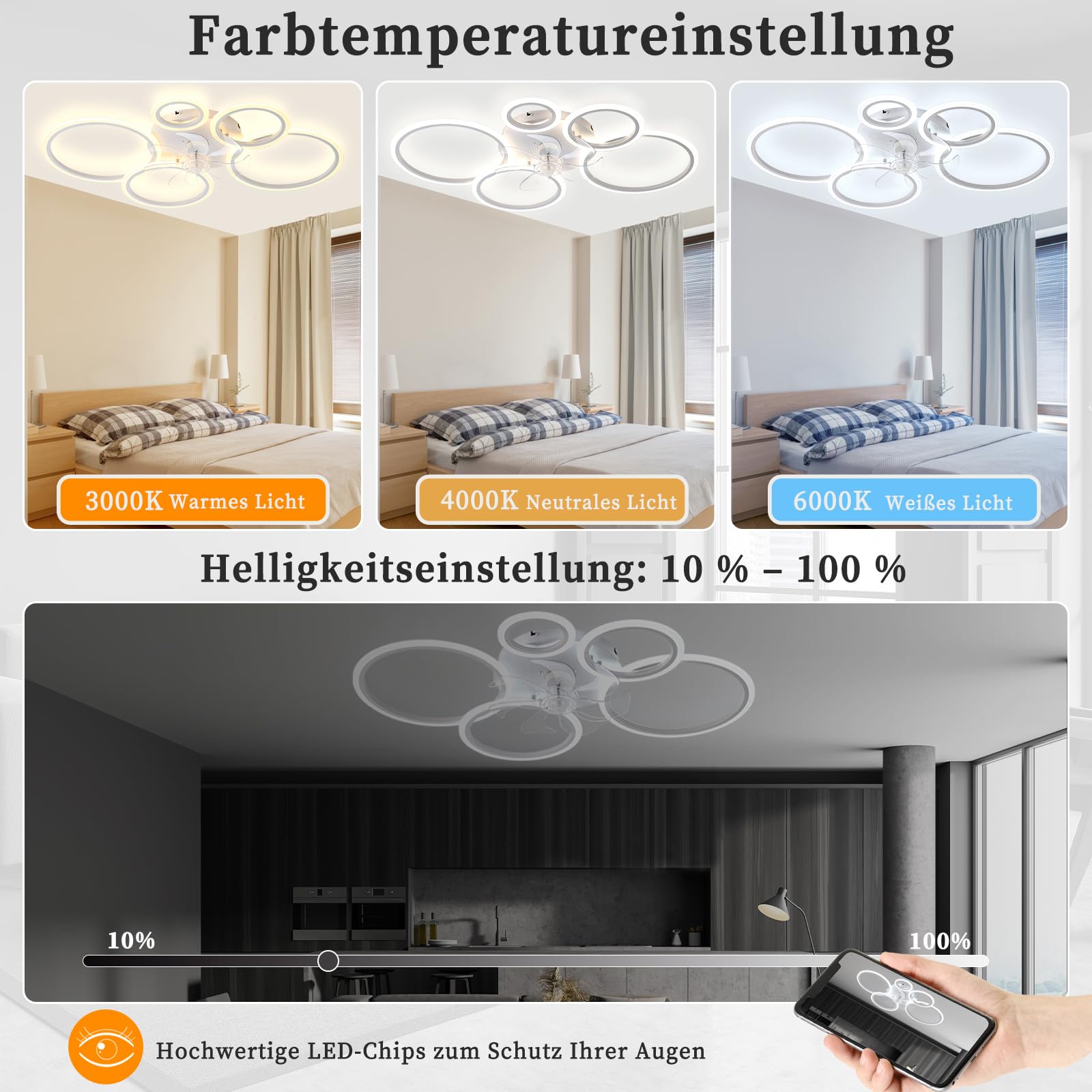 Ventilador LED De Techo Con Luz De 130 W Y Control Remoto, 3 Temperaturas De Color Y 6 Velocidades Para Sala De Estar O Dormitorio