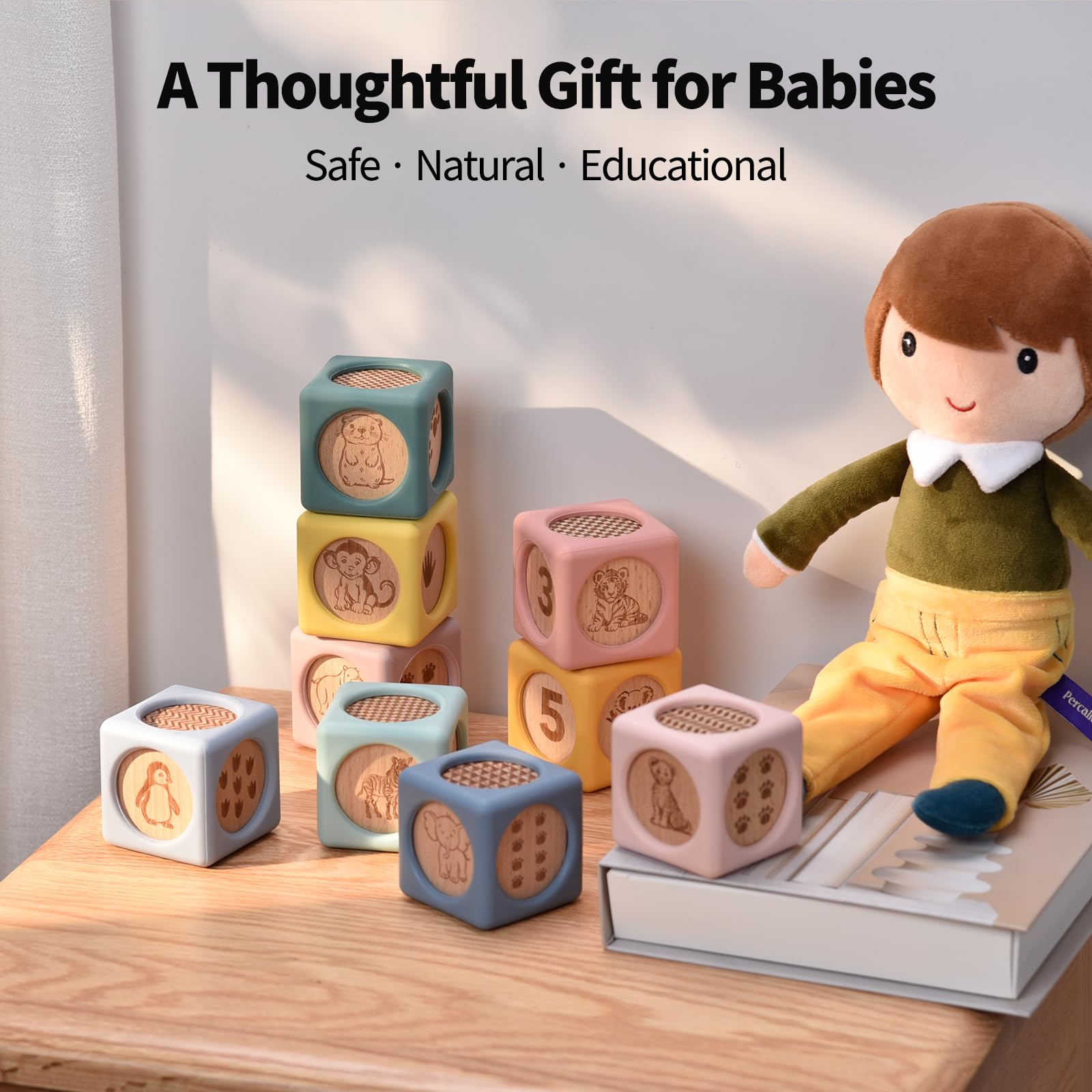 Little Rawr 9 bloques apilables de silicona para niños y madera, juguete de silicona de grado alimenticio con inserciones de madera natural, bloques Montessori masticables suaves para niños