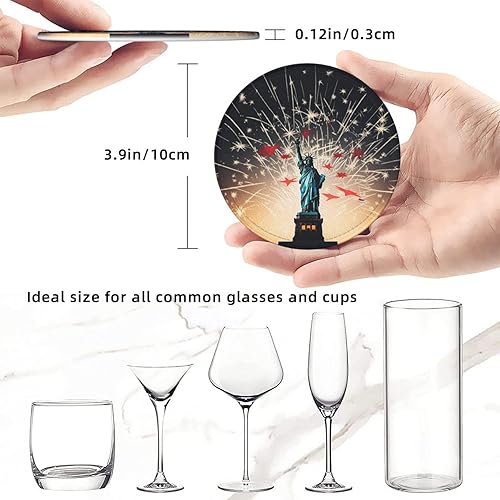Miniatura 6 de Juego de 6 posavasos de estatua de la libertad y fuegos artificiales para mesa de café, posavasos de cuero absorbente para bebidas con soporte,