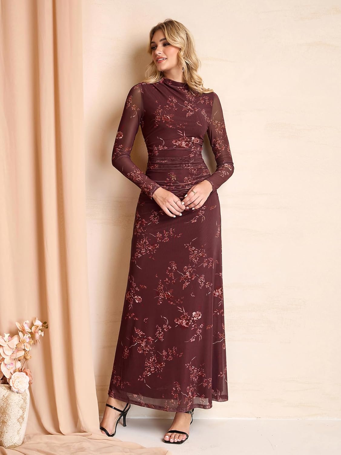 HTZMO Women Long Sleeve Bodycon Floral Maxi Dress Ruched A Line Flowy Wedding Guest Formal Party Long Dresses - Image 3