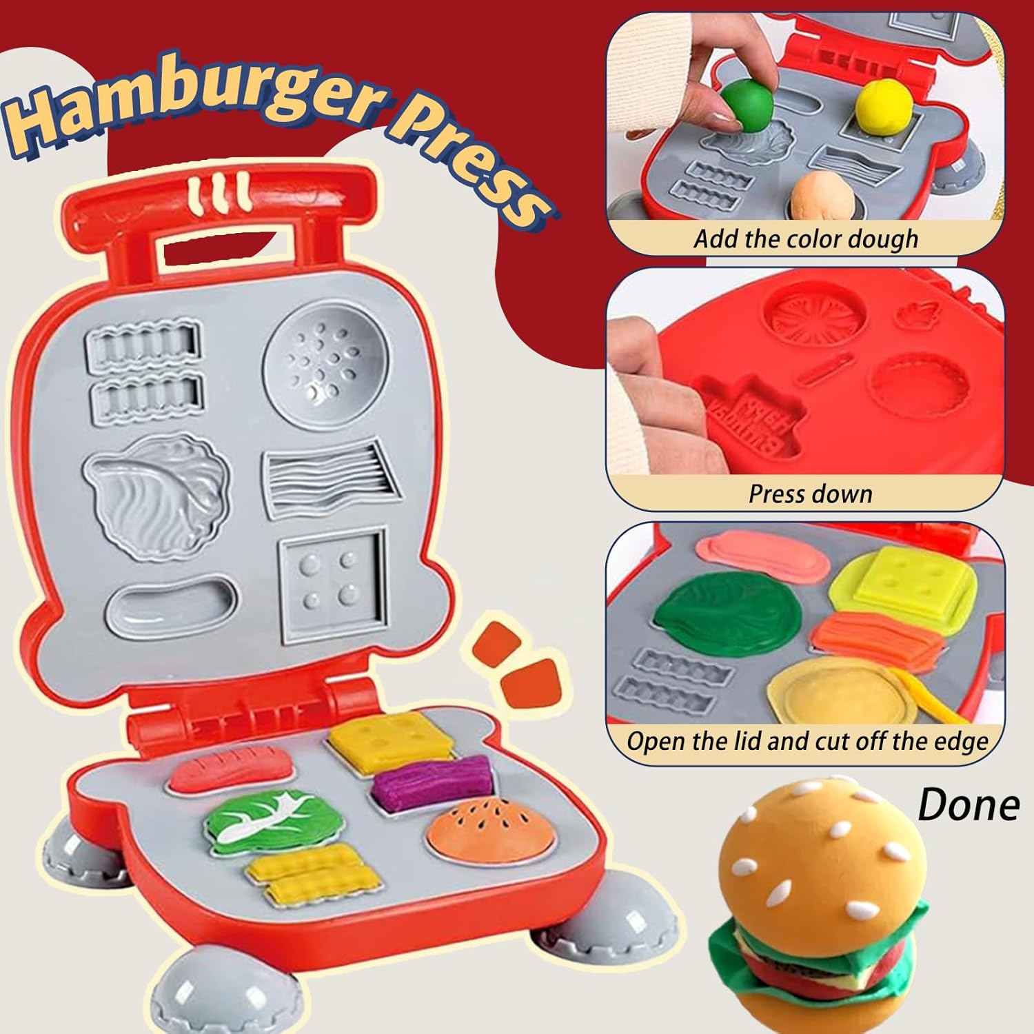 COREPR Toys 62 Pcs 3 in 1 Color Dough Kitchen Creations Food Modeling Playset with Portable Box,Ice Cream Hamburger Maker Machine and Dessert Stand with Tools Kit Art Craft Toys for Kids