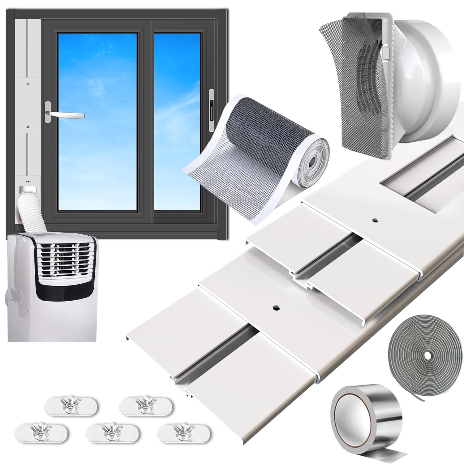 Aozzy White 95"Sliding Door Air Conditioner Vent Kit With 1M Diy Filter And Door Sealing Strip,Universal 5.1/5.9"Hose Adapter,For Sliding Door/Window Portable Ac Seal Unit (Max Height 63" Without Hose)