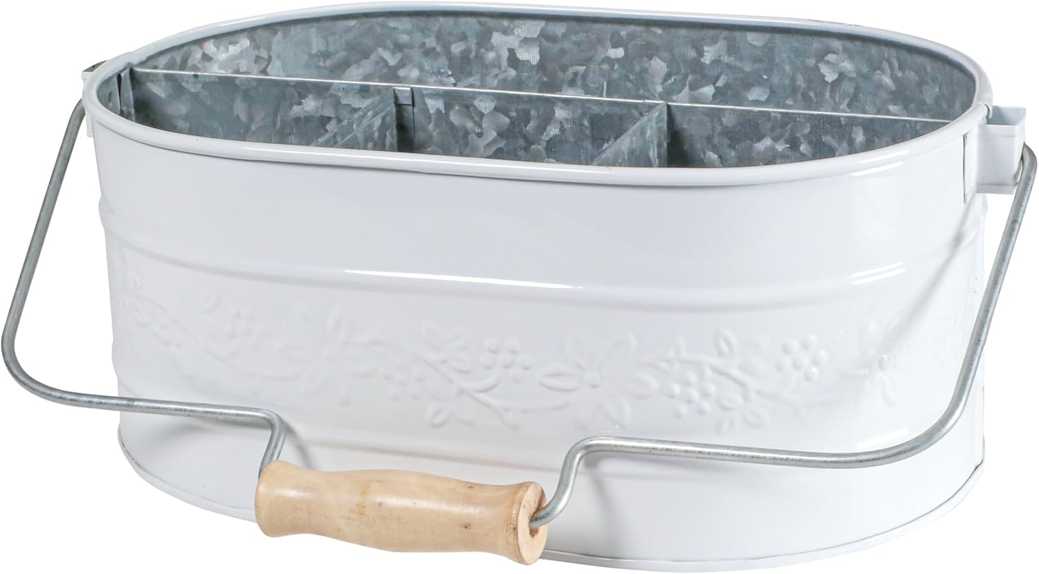 Lightnpro Galvanized Metal Utensil Caddy with Wooden Handle - Rustic Farmhouse Silverware Organizer for Parties & Kitchen Countertop - Chalk White Decor & Storage