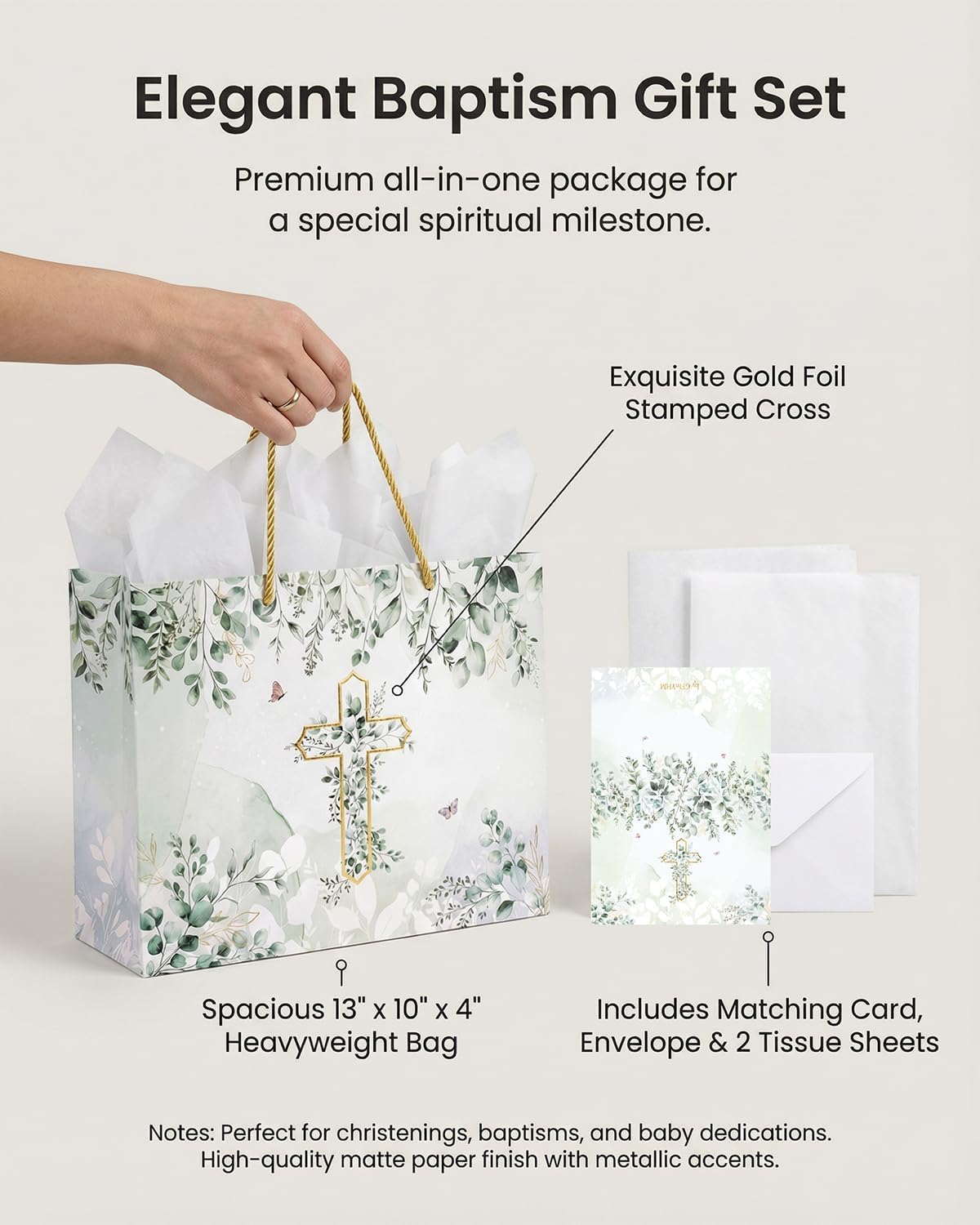 GFInYHM Baptism Gift Bag with Card and Tissue Paper, 13" Gold Foil Cross Eucalyptus Leaves Religious Gift Bags Set for First Communion, Christening, Baby Shower, Wedding, Easter, Confirmation
