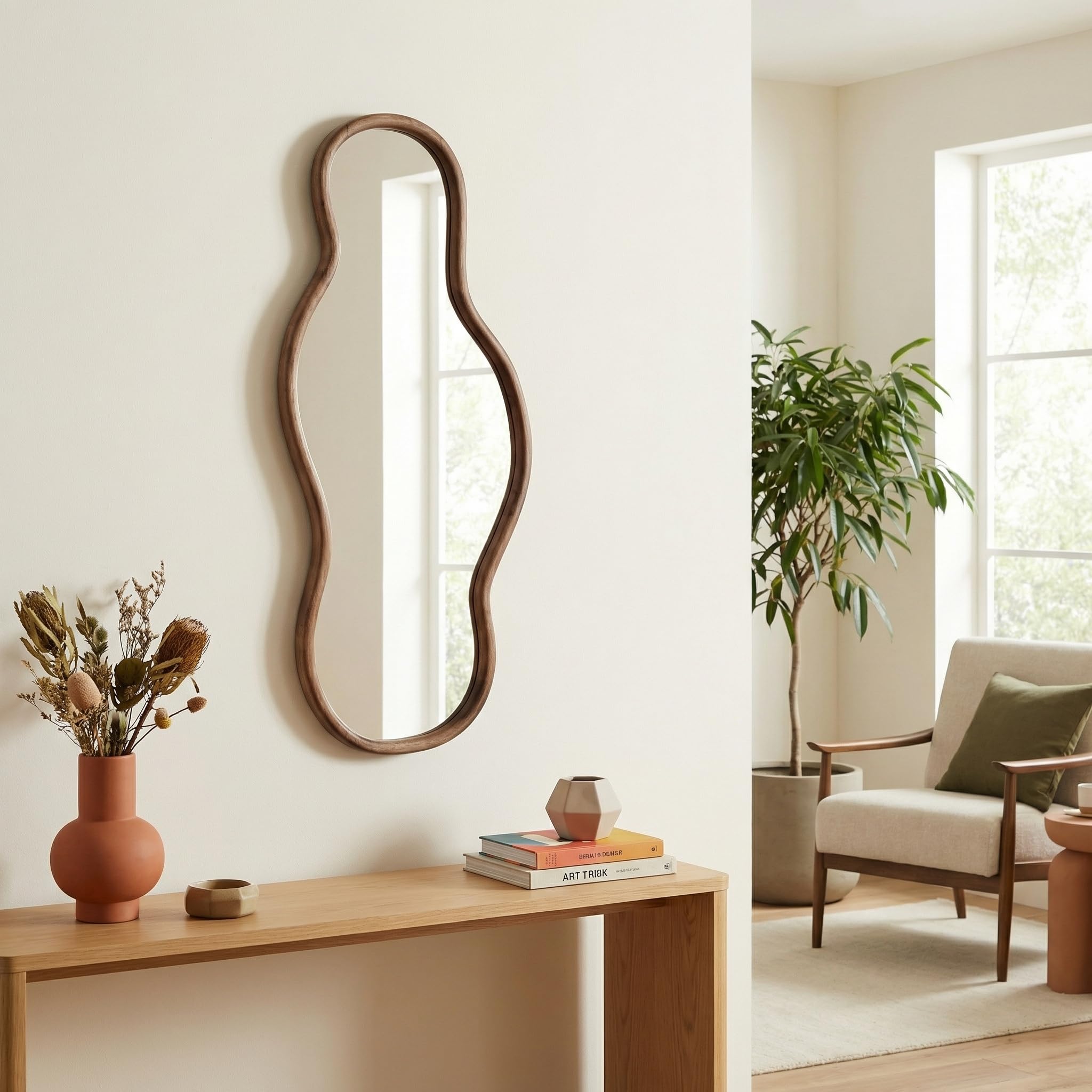 Espejos asimétricos, 105 × 40 cm Espejo de Pared Irregular, Espejo de Cuerpo Entero con Marco de Madera, Espejos en Forma de Nubes Decoración de Salones, Habitaciones, pasillos (105×40cm)