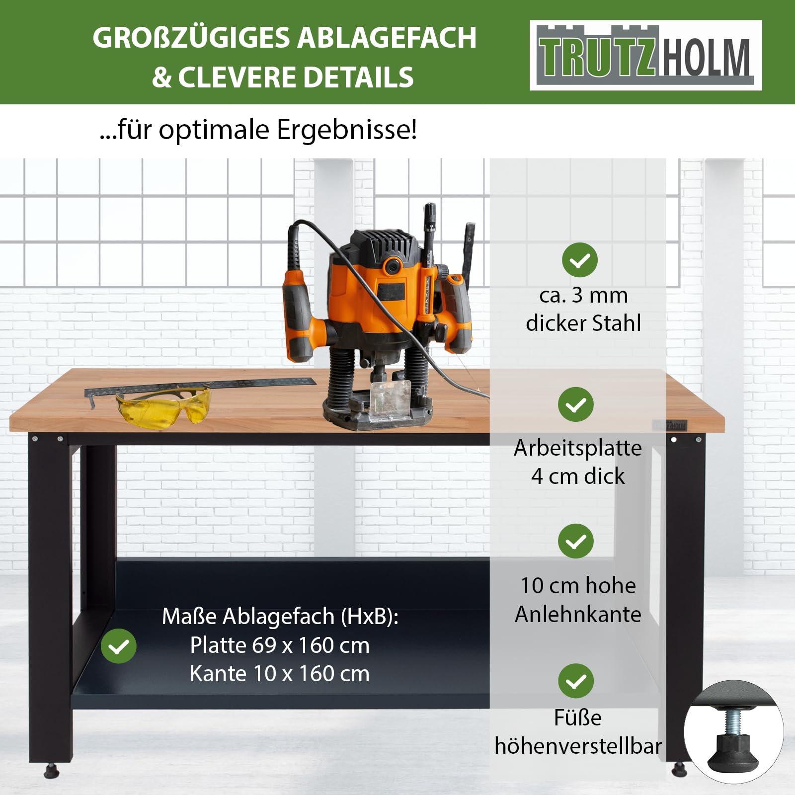 TRUTZHOLM Werkbank Profiline XXL 170 x 69 cm, 1000 kg Traglast, freistehender Werkstatttisch mit massiver Hartholzplatte, Robustes Stahlgestell, Arbeitshöhe 93 cm, anthrazit