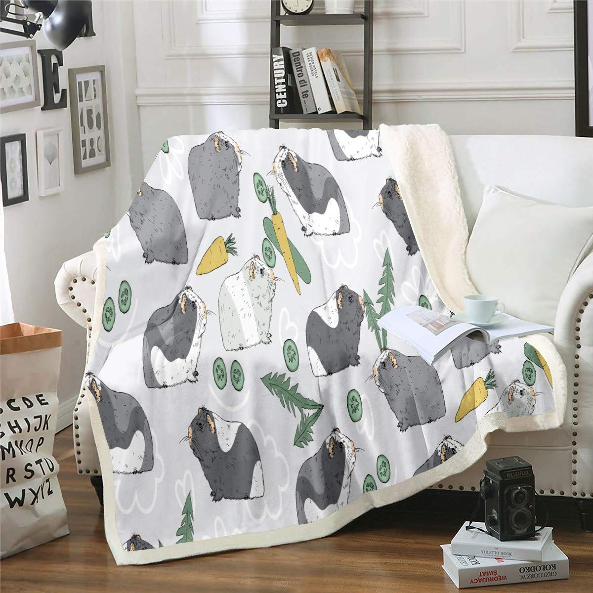 Loussiesd Guinea Pig Cartoon Animal Theme Sherpa Blanket Cute Pet Cavy Fleece Throw Blanket for Sofa Bed Couch Gray Pet Decor King 87"*94" — image 1