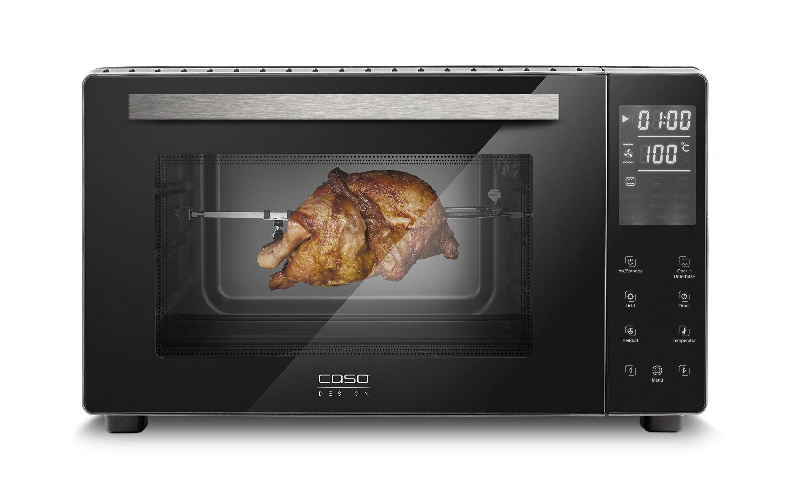 CASO TO26 Design Backofen Heißluft Drehspieß mit Motor Ober- und Unterhitze Mini-Backofen inkl. Pizzastein