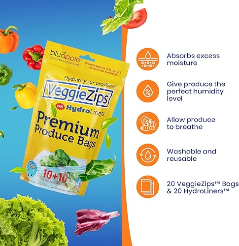 Miniatura 9 de Bluapple VeggieZips Sistema de almacenamiento de productos de alta calidad, juego de 20 piezas, 10 bolsas ahorradoras de alimentos + 10 hidroliners,