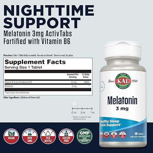 Vista 2 de KAL Ayuda para dormir de melatonina de 3 mg, tabletas de melatonina de disolución rápida, relajación calmante y apoyo al ciclo de sueño saludable