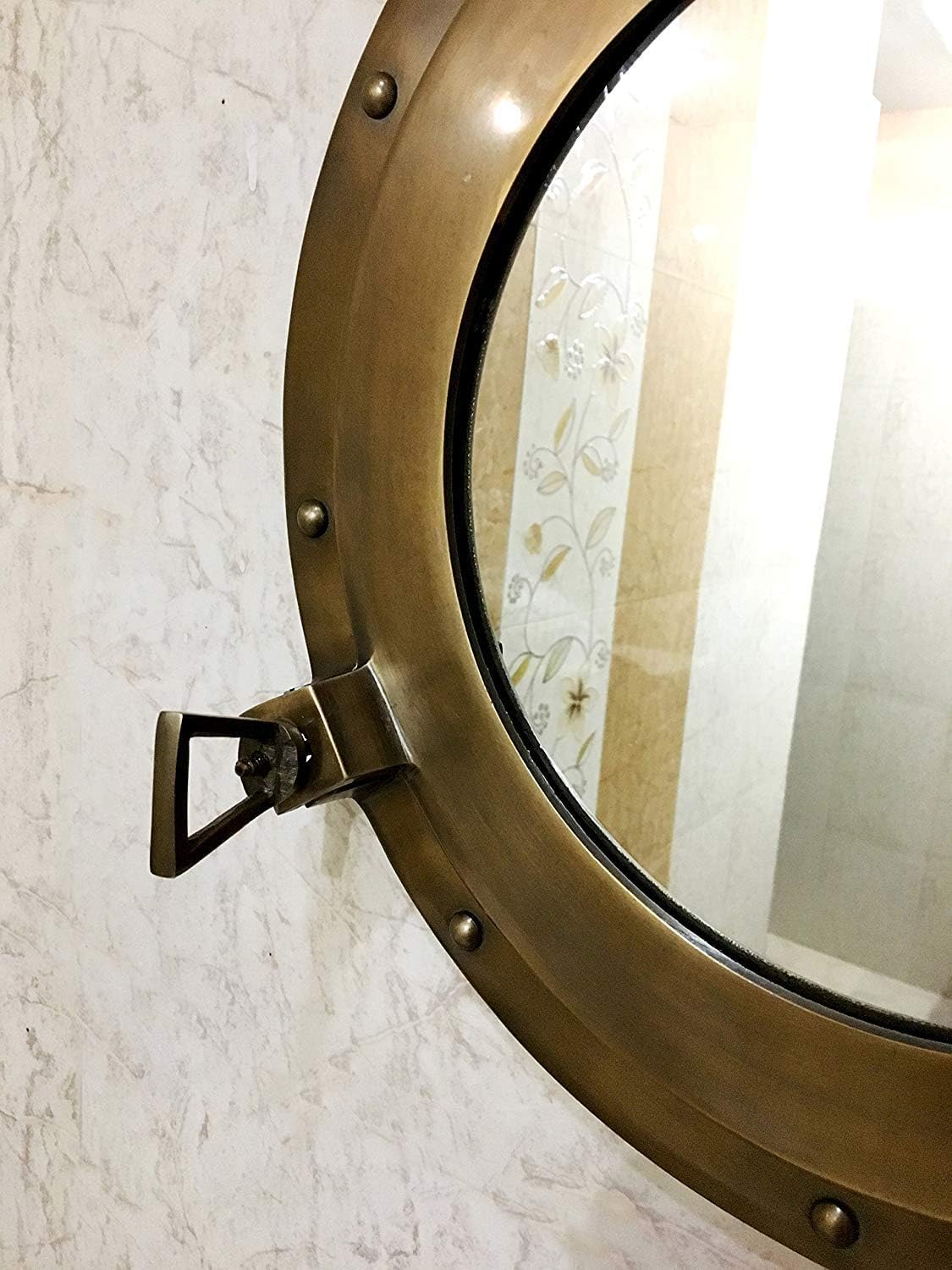 Miroir Hublot Laiton Antique 23 Cm – Ouverture Fonctionnelle – Décoration Murale Nautique Style Marine