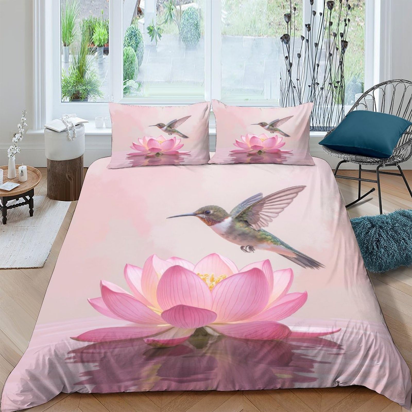 Ctjqhvkz Style-3 3D Printed Hummingbird Lotus Fitted Sheet Microfiber Soft Pink Bed Cover Non Slip For Bedroom Guest Room Decor Single（135X200cm）