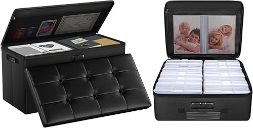 ENGPOW Banco otomano de almacenamiento de 30 pulgadas, banco de almacenamiento plegable ignífugo+caja de almacenamiento de fotos con 16 interiores