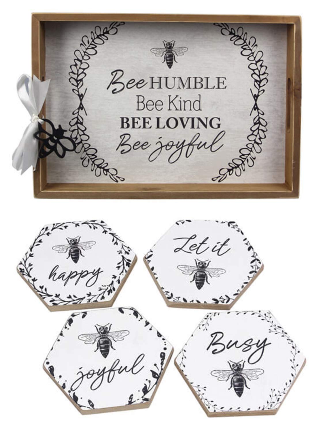 Honey Bee Home Decor Bee Serving Tray and Drink Coasters Set With Inspirational Sayings - Bee Joyful, Bee Kind, Bee Humble, Bee Happy