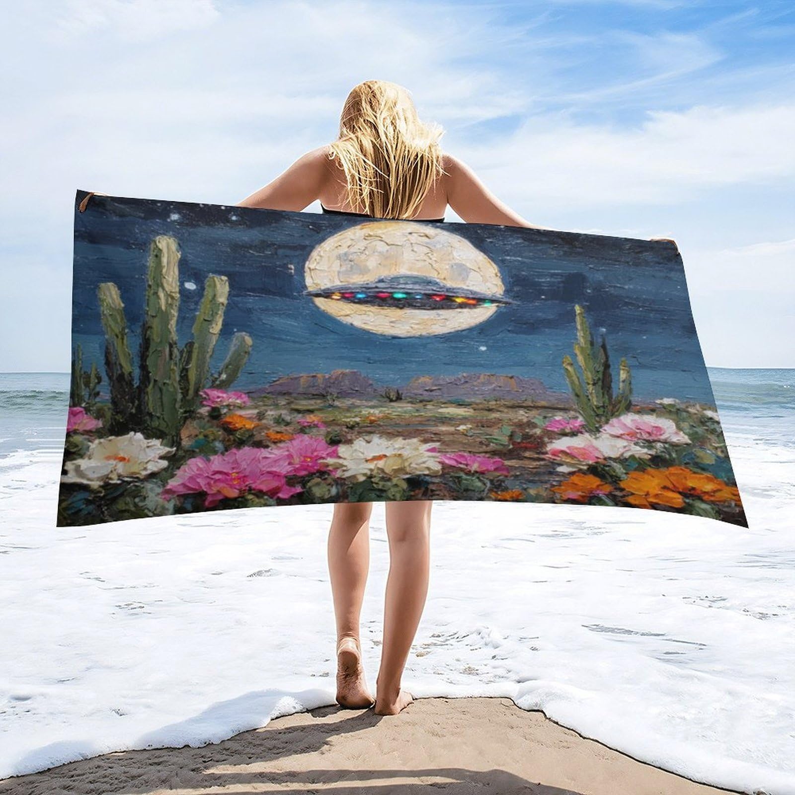 Luyysky Vintage Watercolor Western Desert Absorbent Beach Towel, Modern Natural Full Moon Plant Cactus Floral Ufo Outdoor Single-Sided Velvet Beach Towel-80 W Cm X 160" L Cm