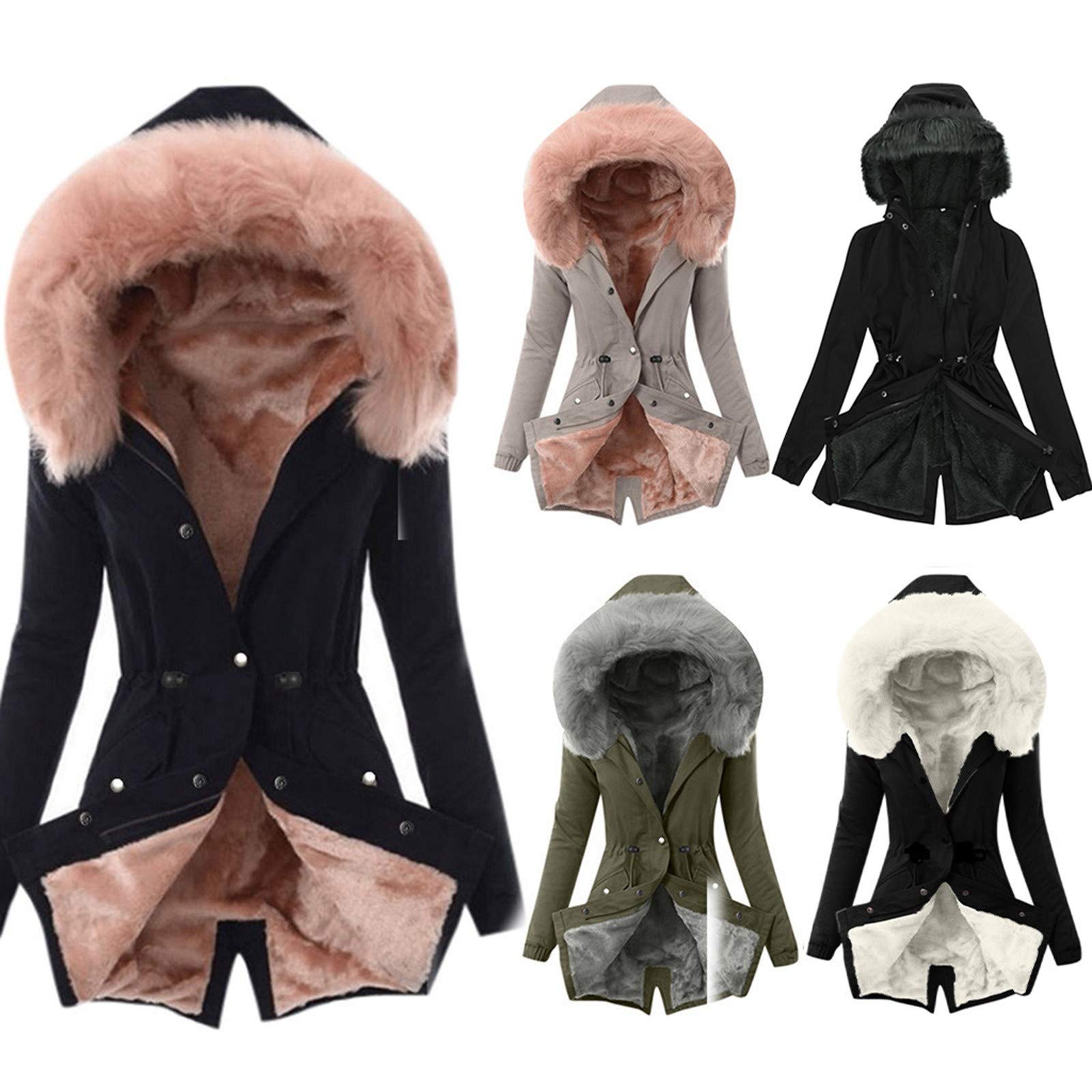 Parka de invierno para mujer forrado, cálido forro de peluche, abrigo acolchado, largo con capucha, abrigo grueso forrado en pelo, color sólido, con cierre de cremallera, S - 3XL, Negro , M