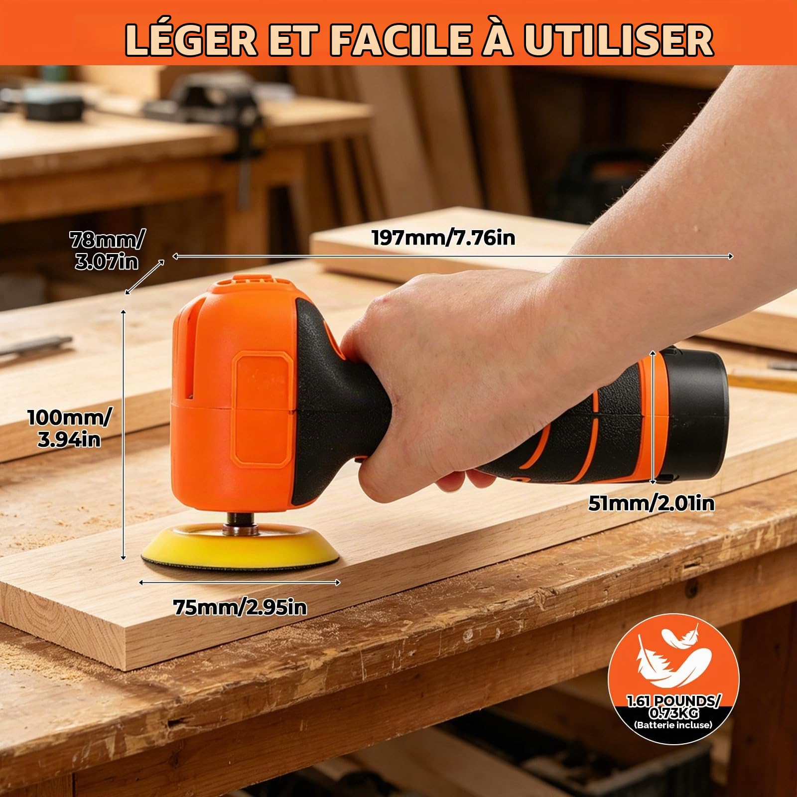 Mini polisseuse sans fil, polisseuse de 7,6 cm avec 2 batteries, mini polisseuse avec bouton de verrouillage, 3500 tr/min pour le traitement du véhicule, la cire, le ponçage et le nettoyage à la
