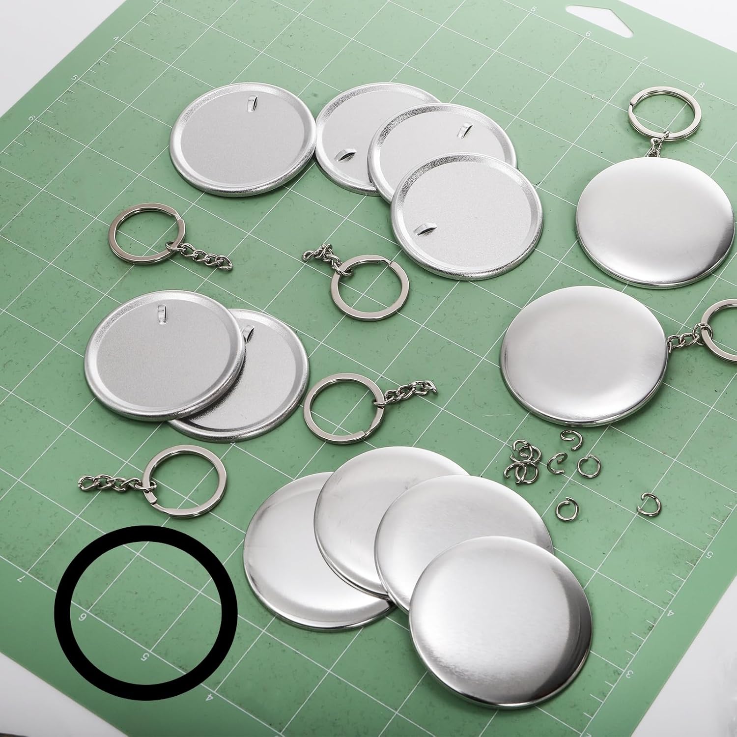 ZAVOOS 100 Pack Button Maker Keychain Supplies, 58 mm / 2.25 Inch Metal Keychain Making Kit for Button Maker Machine, Blank Badge Set with Metal Shell Back Cover, Plastic Film, Chain, Ring for DIY