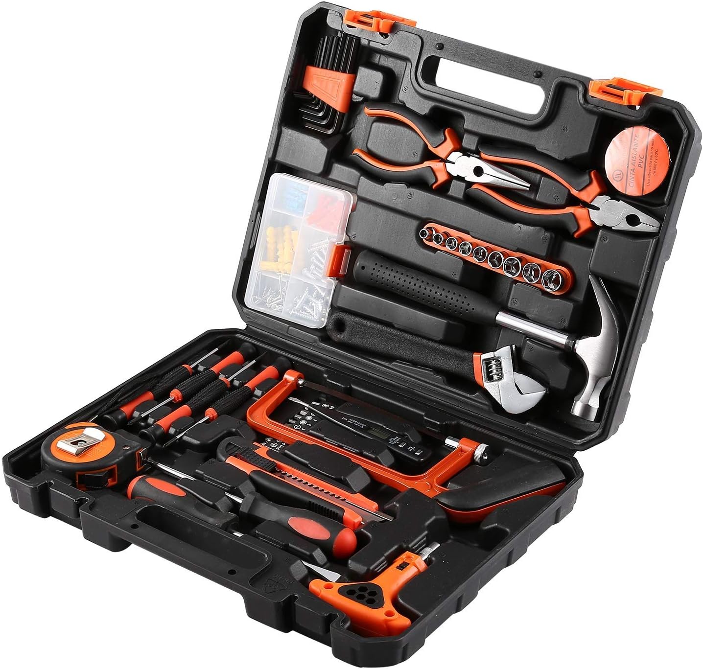 FAB Innovations 82 Pcs DIY Household Hand Tool Box with Screwdrivers Pliers Wrenches Hammer Saw Tool Kit Home Tool Set for Home Office Shed Garage Bike Car Electronics Test Repair Maintenance