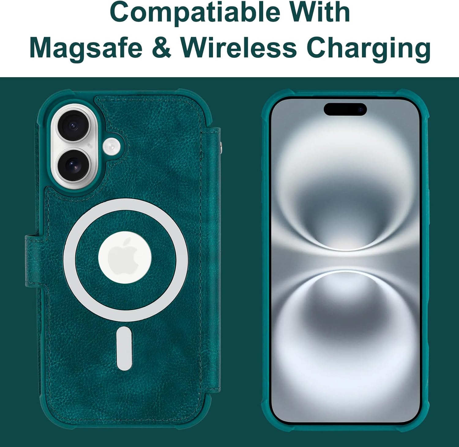 VANAVAGY Compatible for iPhone 16 Wallet Case for Magsafe Wireless Charging, PU Leather Flip Folio Case [Screen Protector & Camera Lens Cover] with Strap RFID Blocking Card Holder,Midnight Green - Image 8