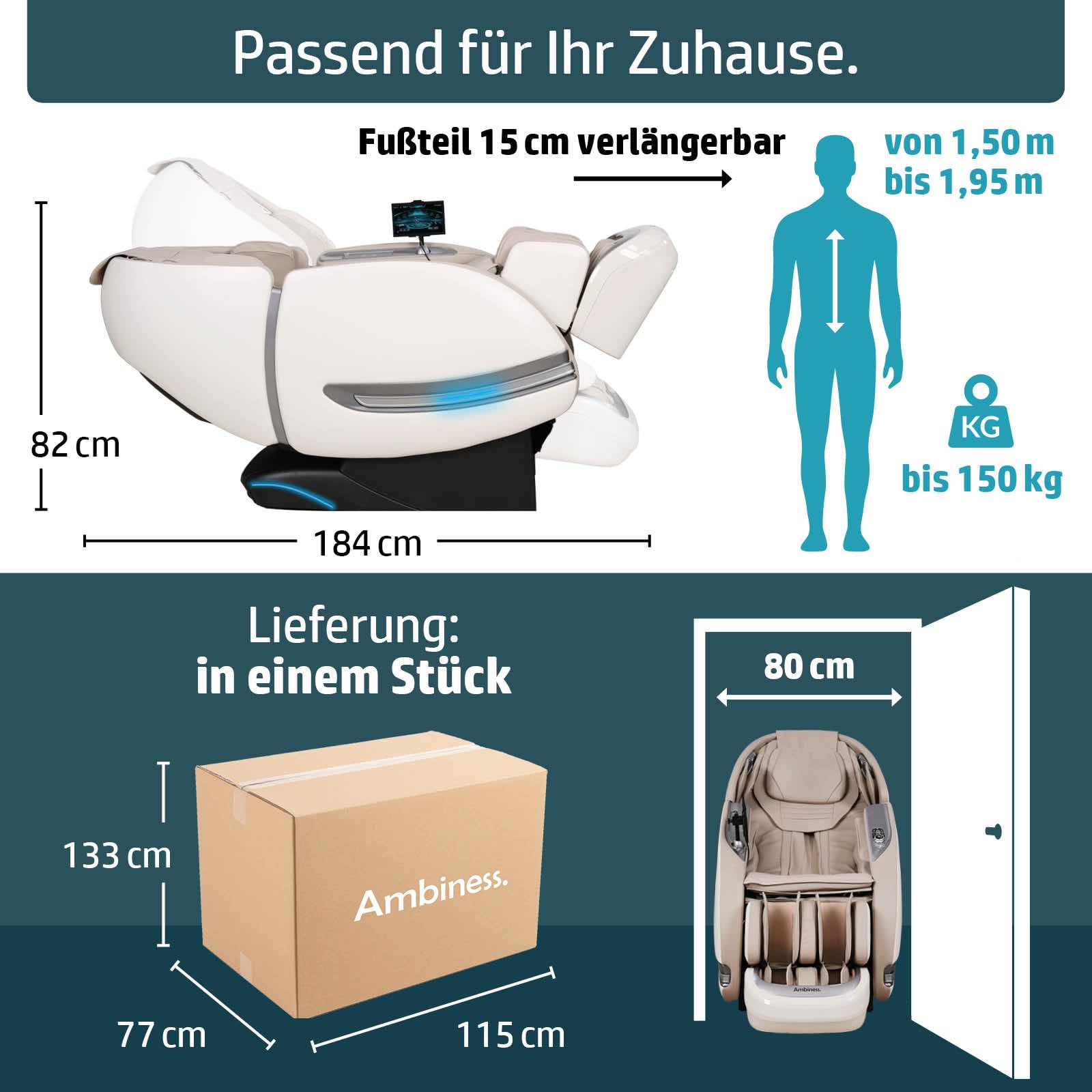 Massagesessel Relaxsessel YUNA | 60 Massageprogramme | deutsche Bediensprache | Zero Gravity-Funktion | 3D-Massagetechnologie Ganzkörpermassage + Wärmefunktion | Vitalwertmessung | Weiß