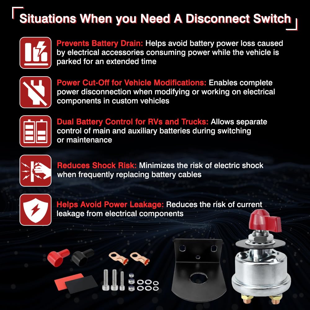 MACHSWON 12–48V DC 200A Car Battery Disconnect Switch with Bracket, Compatible with Most 12–48V Power System Vehicles Including RVs, Trucks and Boats, 1 PC (Red)
