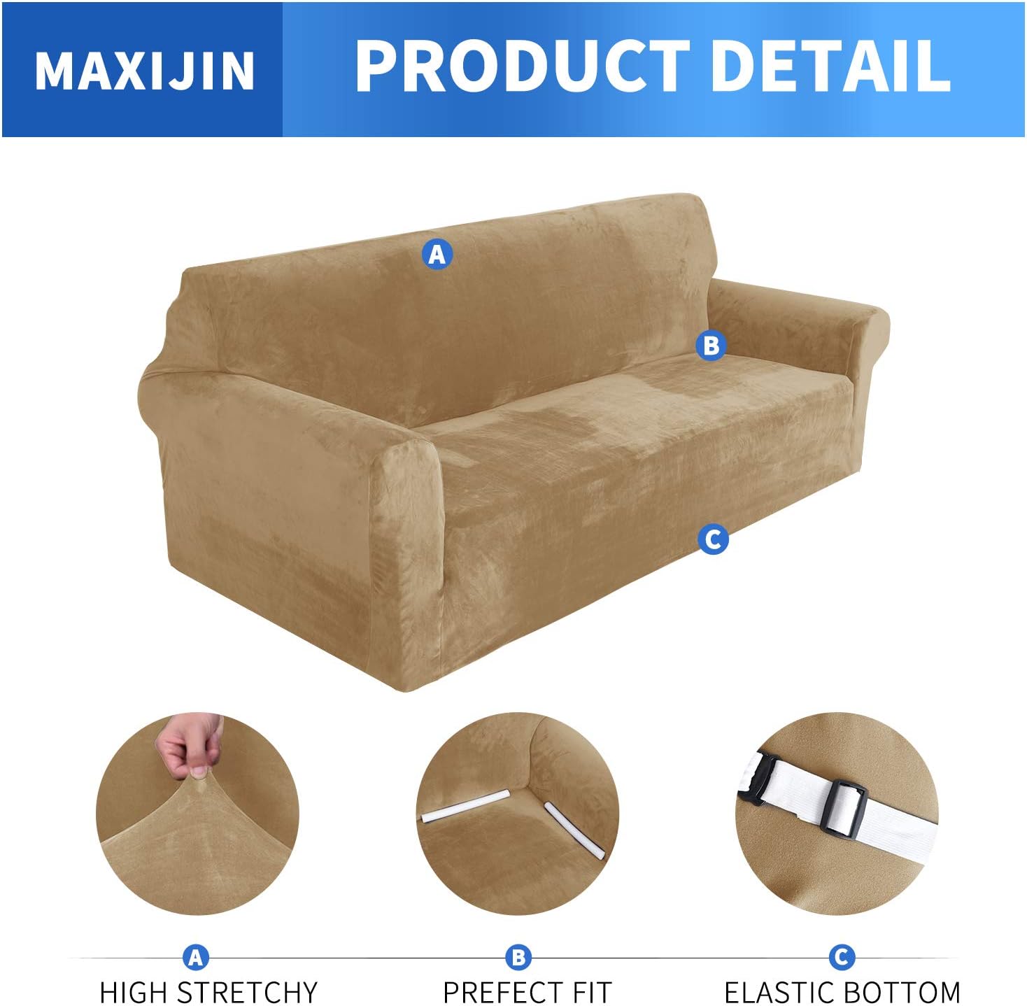 MAXIJIN Thick Velvet Sofa Covers for 3 Cushion Couch Super Stretch Non Slip Couch Cover for Dogs Cat Pet Friendly 1-Piece Elastic Furniture Protector Plush Sofa Slipcovers (Sofa, Camel)