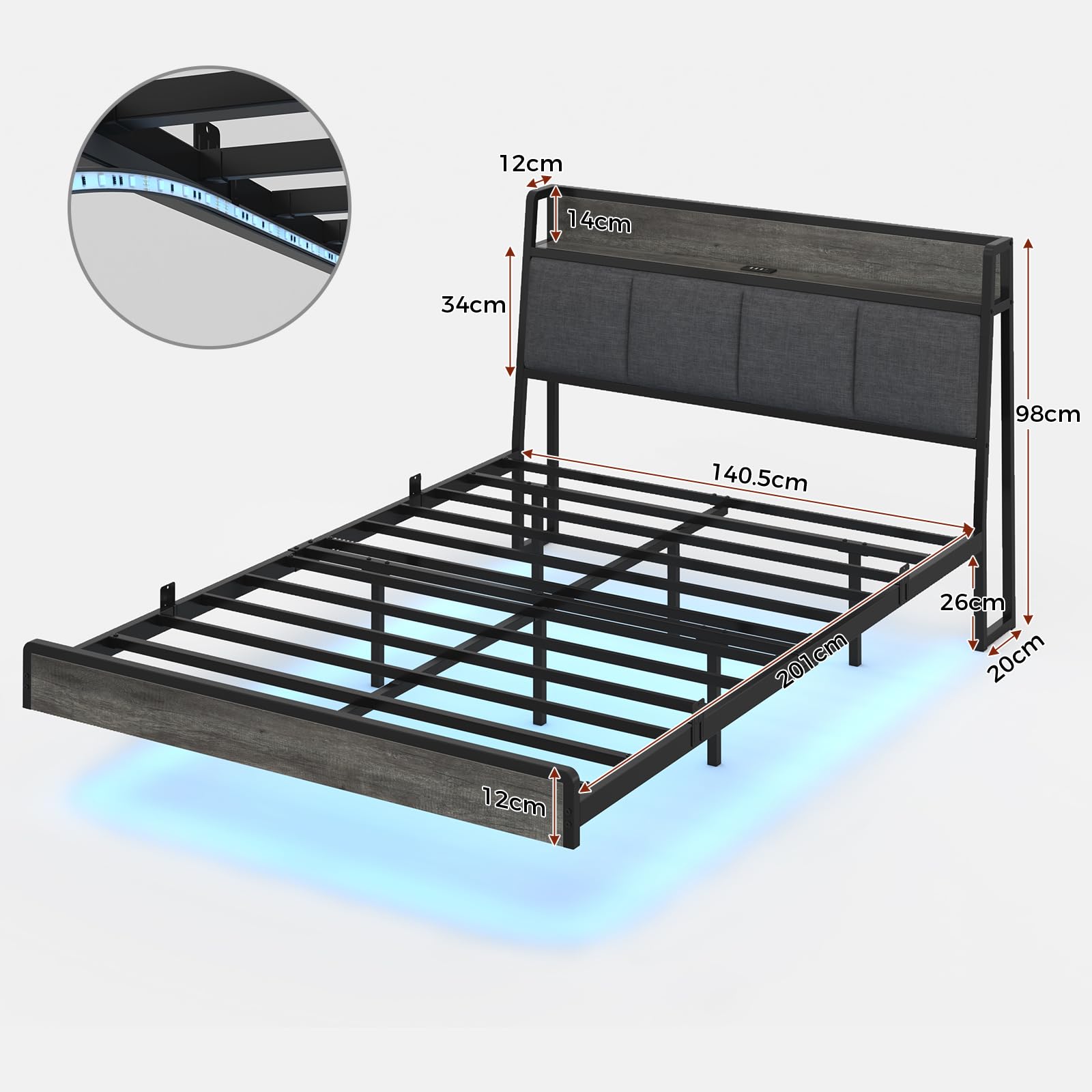 KIMENICH Bett 140 x 200, Bett mit LED-Beleuchtung, Polsterbett 140x200, Schwebender visueller Effekt, Ladestation, Bettgestell mit Lattenrost, für Schlafzimmer, Gästezimmer, Leinenstoff Grau