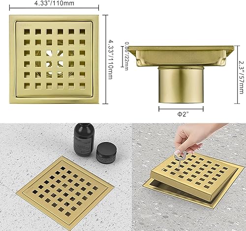 Miniatura 3 de Glorisey Desagüe de ducha cuadrado de 4 pulgadas con rejilla de rejilla de cubierta extraíble, azulejos de acero inoxidable SUS 304 en desagüe de