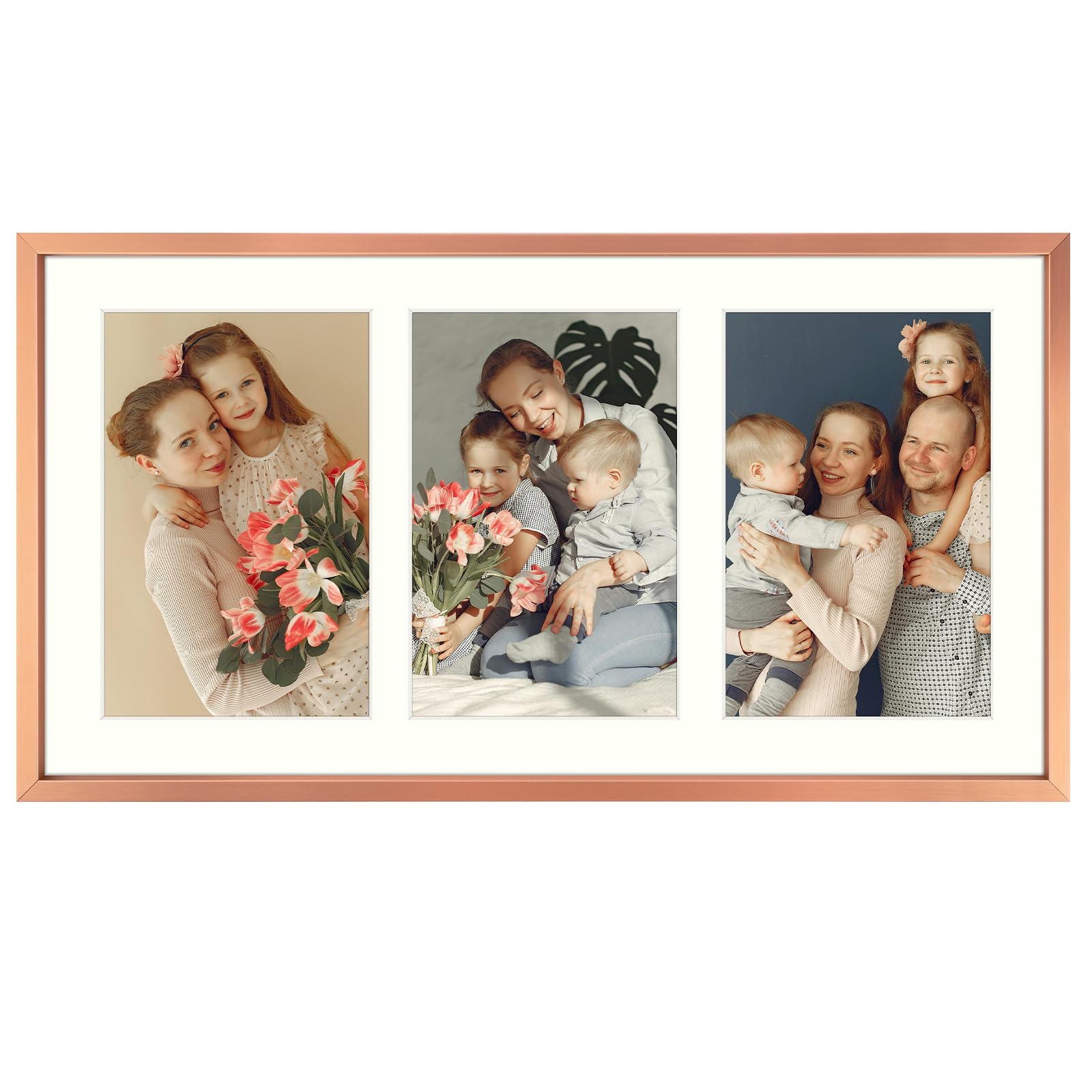 Golden State Art, 5x7 Aluminum Collage Frame, Displays 7x5 Pictures With 3 Openings Mat or One 8.5x16.3 Photo, Real Glass, Portrait/Landscape Wall Display, Rose Gold, 1 Pack