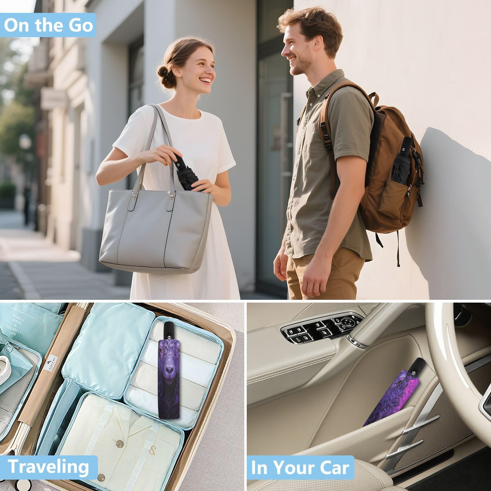 Oveja PúRpura Fresca Paraguas de Viaje Resistente al Viento Apertura Cierre AutomáTicos,Compacto con ProteccióN Solar UPF 50+ Ideal para JóVenes Chicas