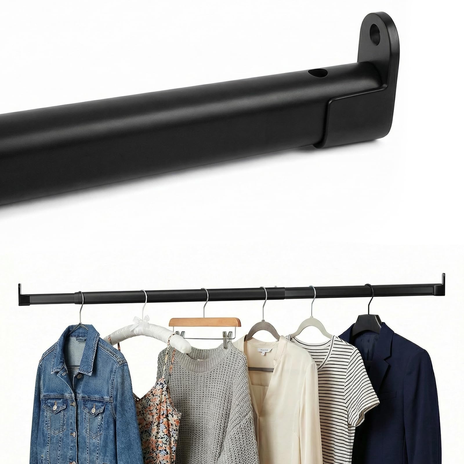 QOPAHI Heavy Duty Extendable Wardrobe Rail Wall Mounted, 25mm Oval Adjustable Clothes Hanging Rail with U-Shaped Brackets, Black Wardrobe Pole & Fittings (43-101cm)