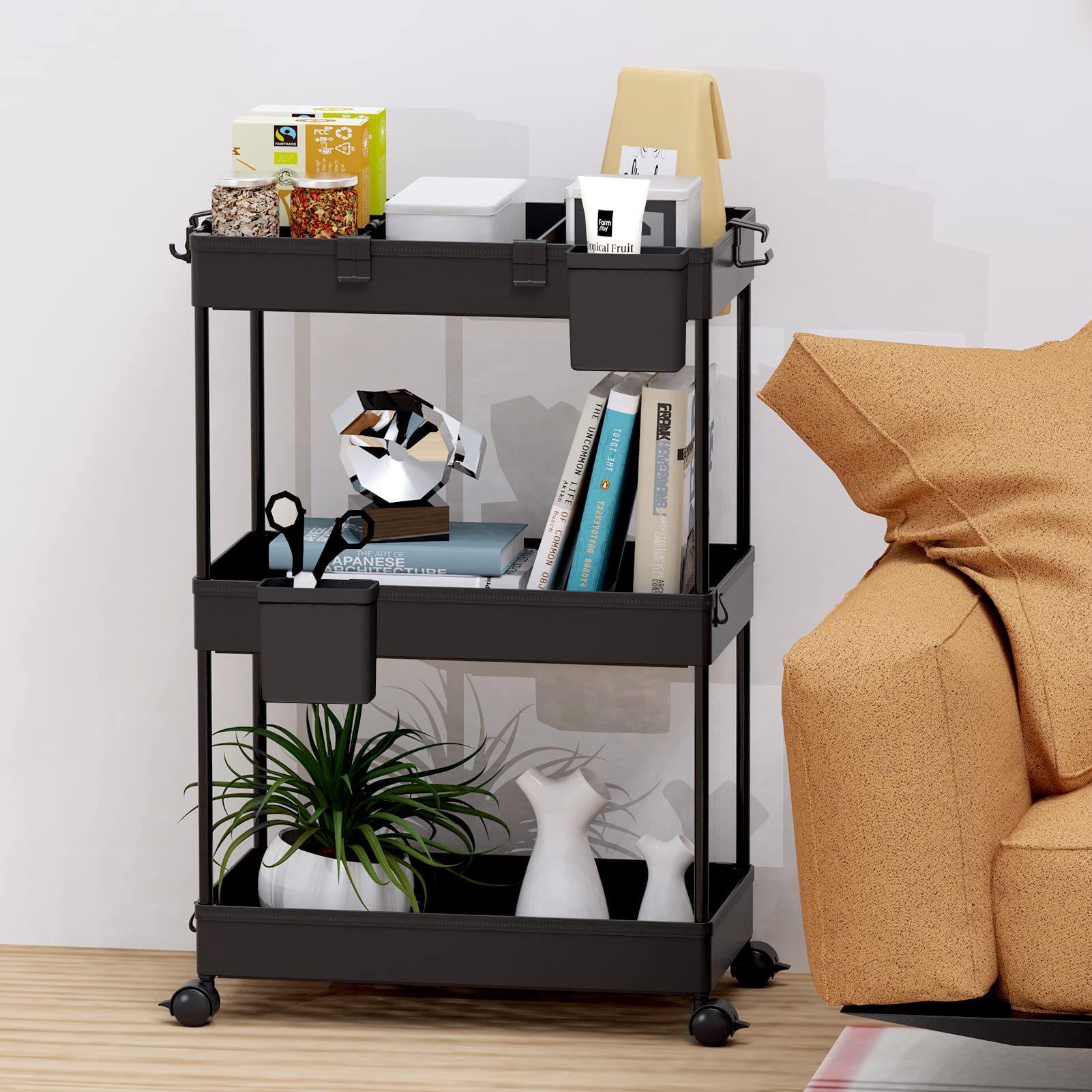 Carrello Portaoggetti 3 Ripiani Regolabile Con Ruote - Scaffale Multiuso Per Bagno, Cucina E Soggiorno - Organizer Da Pavimento In Plastica Bianco