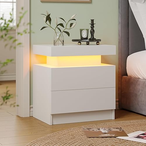 Miniatura 5 de Juego de 2 mesitas de noche LED blancas para dormitorio, mesa de noche LED moderna blanca con 2 cajones, mesa auxiliar auxiliar